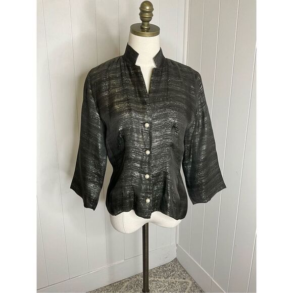 Eileen Fisher Women's S Black Grey 100% Silk Ripple 3/4 Sleeve Pearl Button Top - Picture 1 of 11